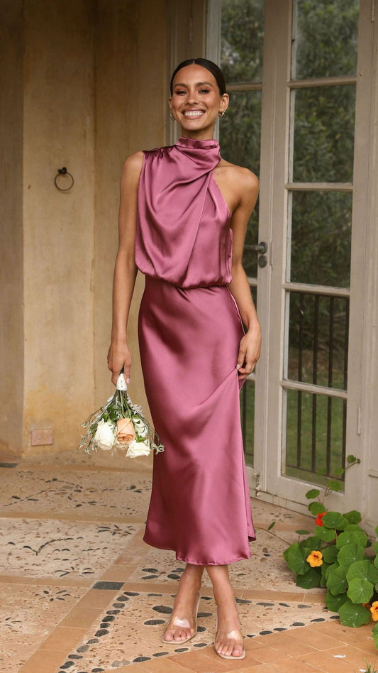 Rochella™ - Elegante Satijnen Jurk Met Hoge Hals Oud Roze